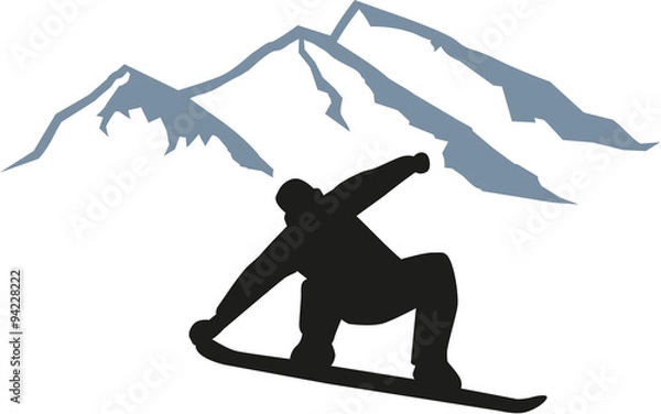 Fototapeta Snowboarder jumping in front of mountain silhouette