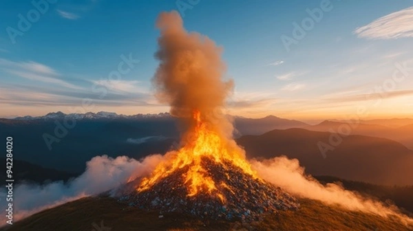 Fototapeta Burning garbage in a foggy park at twilight, with the sun setting behind thick mist.
