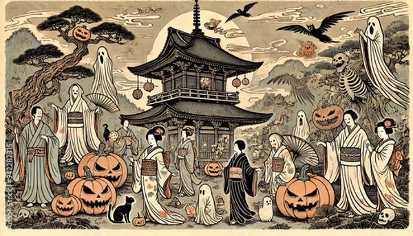 Fototapeta 和風ハロウィン祭りの幽霊たち