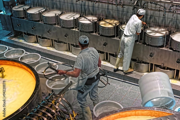 Fototapeta Pracownicy stawiają płytę dociskową na prasie serowej