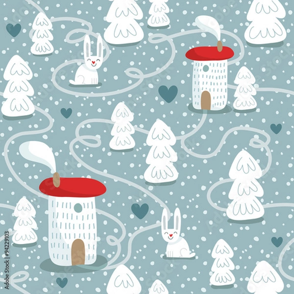 Fototapeta Winter seamless pattern with houses, trees and rabbits