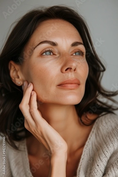 Obraz Portrait of middle aged woman with opened eyes and beautiful healthy skin. Close-up portrait over grey background. Psychology and feminine health concept.