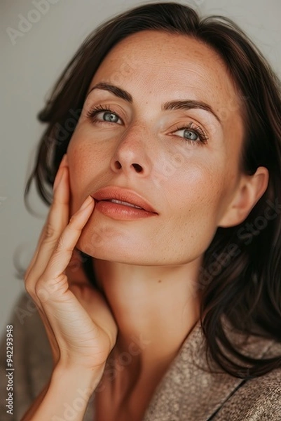 Obraz Portrait of happy 40 years old woman with opened eyes and beautiful healthy skin. Close-up portrait over grey background. Psychology and feminine health concept.