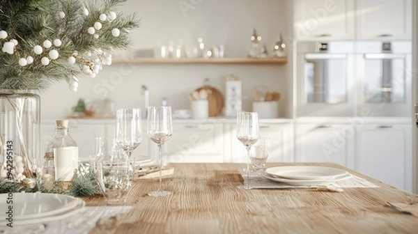 Fototapeta Festive Christmas Table Setting with Pine Branches  Plates  and Wine Glasses