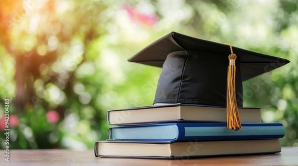 Obraz Graduation hat and stack of study books with copy space