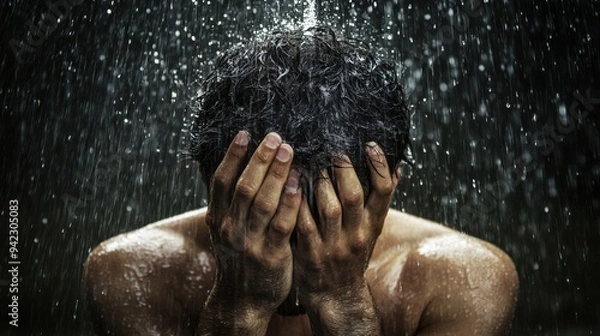 Fototapeta A man with his hands over his head in a shower, AI