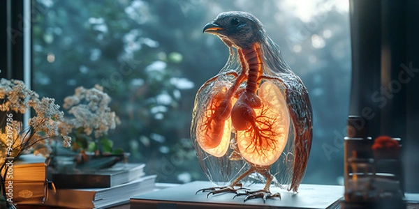 Fototapeta  Bird Anatomy on Desk, Scientific Study of Avian Biology ,Transparent Bird Model in Study Room, Avian Biology Visualization  