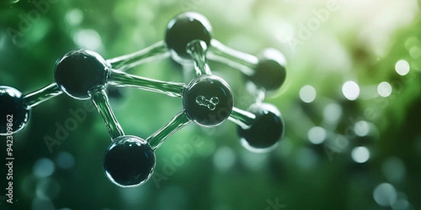 Fototapeta  Molecular Structure with Green Background, Biology and Chemistry Concept , Close-Up of Molecules on Green, Science and Research Illustration