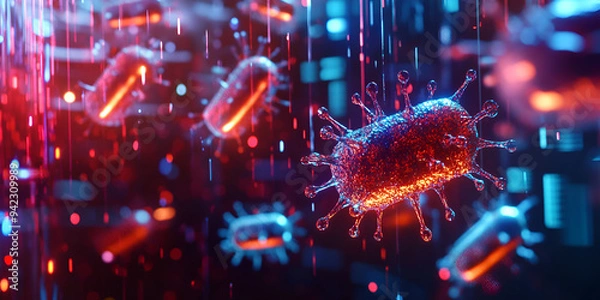 Fototapeta Microscopic View of Bacteria, Digital Science Visualization in Red and Blue , Bacteria under Microscope, Scientific Digital Art with Bright Colors
