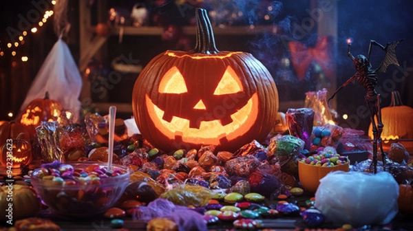 Fototapeta A table covered with Halloween candy, surrounded by spooky decorations, capturing the excitement of Halloween night.