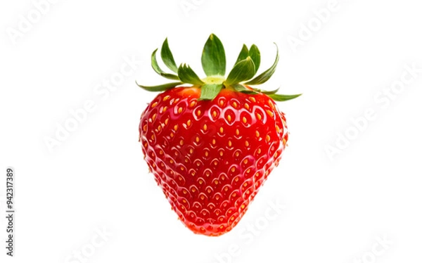 Fototapeta A close-up of a fresh strawberry, with its vibrant red color and white seeds, set against a white background.