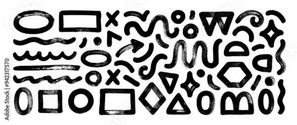 Fototapeta Collection of naive playful doodle shapes for collages. Grunge style geometric figures drawn with brush. Hand drawn squiggles, underlines, organic shapes and basic figures. Vector collage elements.