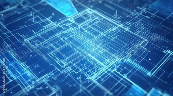 Obraz Architectural blueprint merging with technology