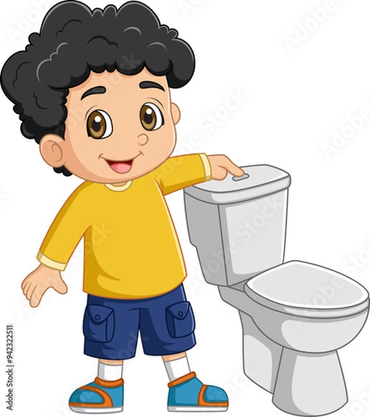 Obraz Cartoon little boy pushing flush button in toilet
