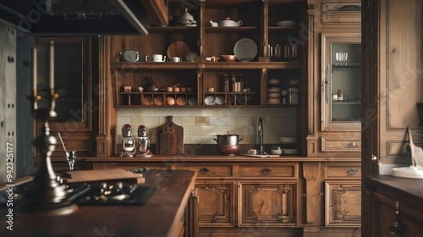 Fototapeta A cozy wooden kitchen with shelves, cookware, and a warm ambiance.
