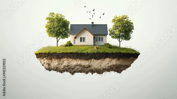Fototapeta House with its own plot of land. Humorous depiction of a floating house on its piece of land against a white background. Concept of owning or buying a home, land, or property.