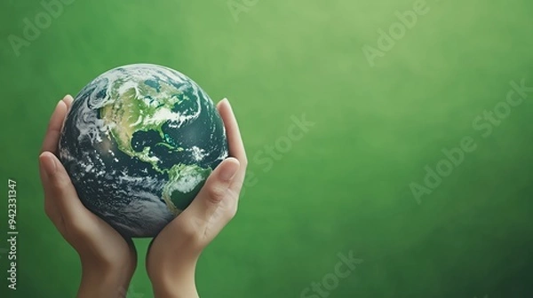 Fototapeta A pair of hands holding a globe against a green background, symbolizing environmental care.