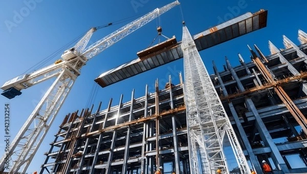 Fototapeta Dynamic view of a construction project featuring cranes lifting steel beams under a clear blue sky. Represents urban development and engineering progress.