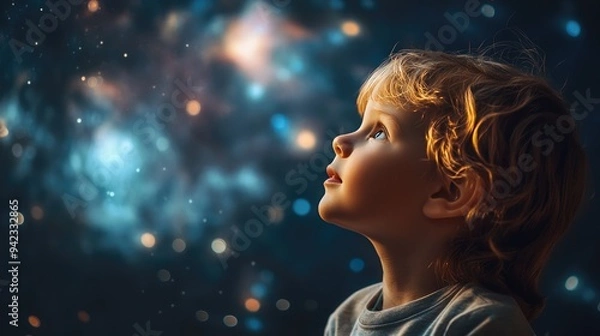 Fototapeta A child looking at a planetarium dome with awe, imagining space adventures. Clear space for promotional messages.