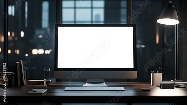 Fototapeta A modern workspace with a large blank computer monitor on a wooden desk, surrounded by office supplies and illuminated by warm lighting.