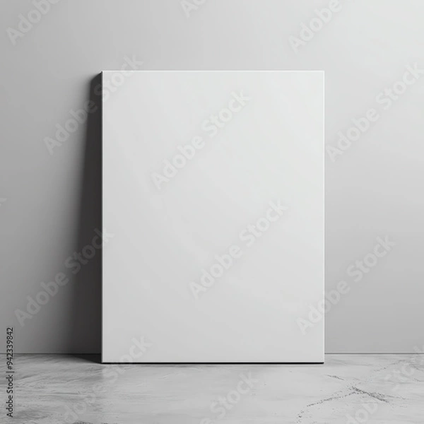 Fototapeta Minimalist empty canvas leaning against a white wall, perfect for artwork mockups and design presentations.