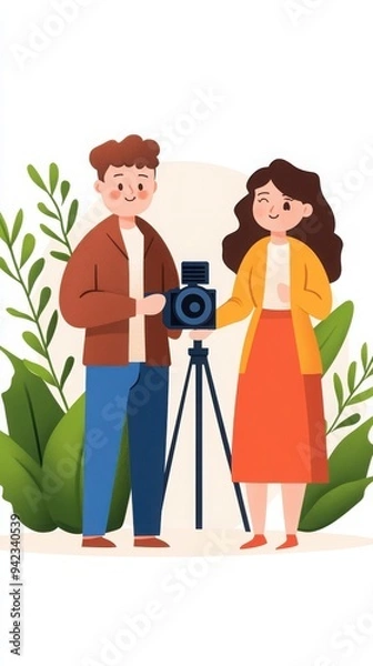 Fototapeta A cheerful couple posing with a camera on a tripod, surrounded by lush greenery, capturing a joyful moment in nature.