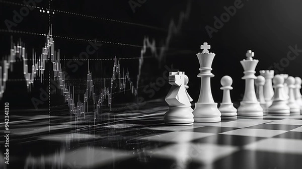Fototapeta Chess Pieces on a Board with a Stock Market Graph in the Background