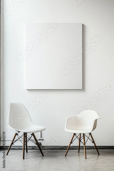 Fototapeta Modern minimalistic interior with two white chairs and blank canvas. Clean design with neutral tones perfect for home or office decor.