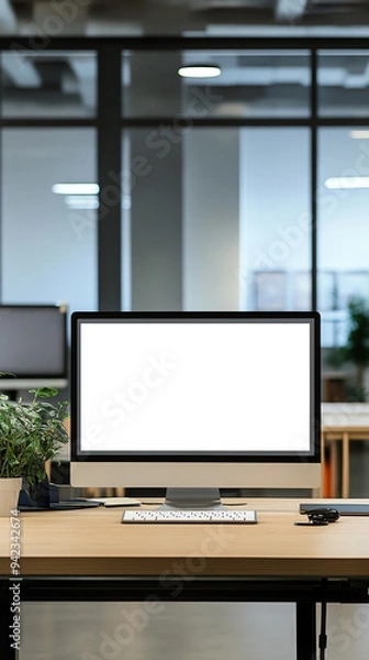 Fototapeta Modern office workspace with a blank computer screen, potted plant, and neat desk setup in open-plan office environment.