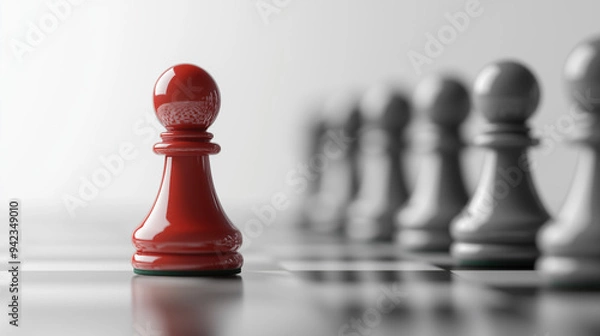 Fototapeta A red chess piece against the background of other pieces. A symbol of victory, uniqueness, and a smart, strategic move.
