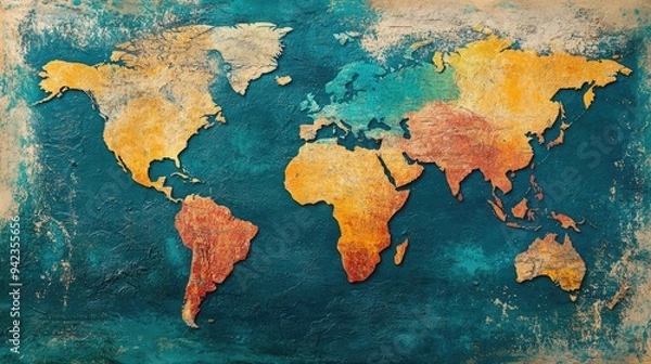 Fototapeta A detailed world map with vibrant colors, creating a dynamic background for travel-related content. Clear copy space.