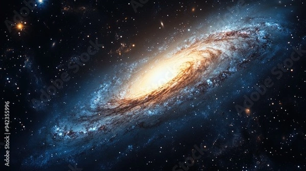 Fototapeta A distant galaxy viewed from the edge, with bright stars and swirling gases, set against a dark sky with ample space for copy.