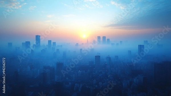 Fototapeta A soft blue haze gently obscures a city skyline, creating a serene atmosphere.