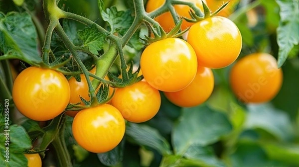 Fototapeta Cluster of bright yellow tomatoes on the tree, ready for harvest.