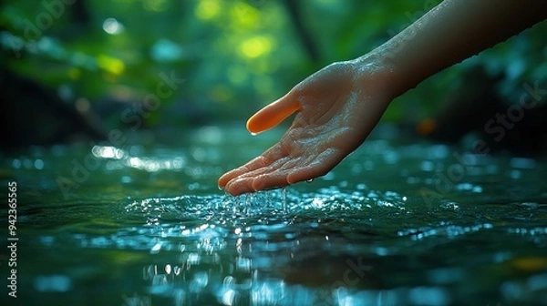 Fototapeta A gesture of ecological conservation and environmental preservation is symbolized by a hand touching the surface of pure green river water on a sunny day.