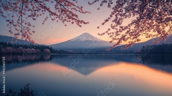 Fototapeta Dawn over Lake Kawaguchiko with Mount Fuji in the background, pink sakura branches framing the reflection in the tranquil water. A peaceful springtime view.
