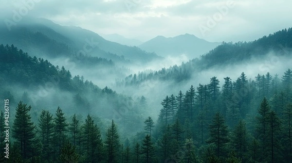 Fototapeta A mysterious and ethereal scene is created by a misty mountain range with its trees partially obscured by clouds.