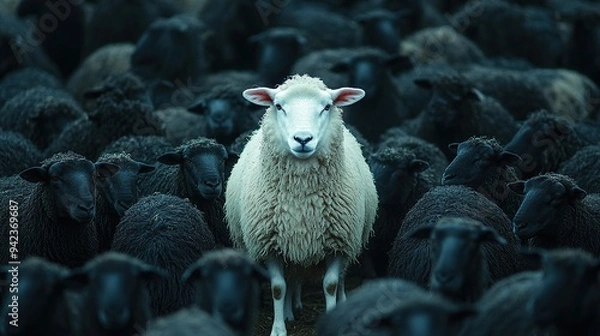 Fototapeta Amidst a herd of black sheep, a white sheep stands prominently, representing leadership and individuality.