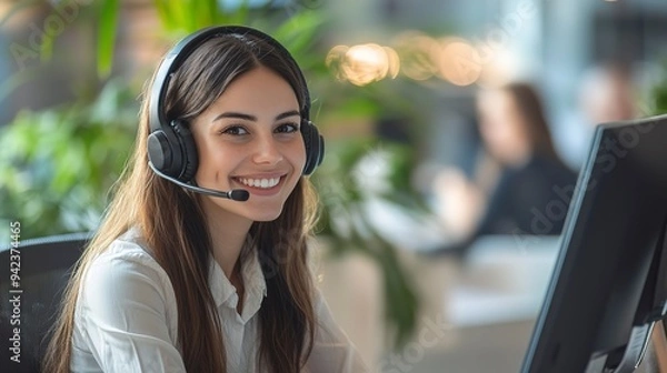 Obraz Call center, conversation and happy woman at help desk for advice, sales and telemarketing in headset. Consulting, communication and face of virtual assistant, customer service agent or crm advisor