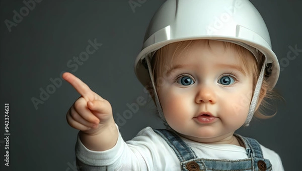 Obraz A cute baby wearing a helmet points curiously, showcasing innocence and wonder in a vibrant, playful portrait.