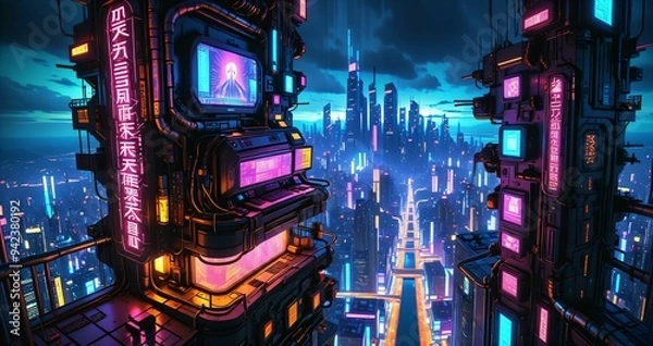 Obraz high rise skyscraper tower penthouse loft in cyberpunk futuristic sci fi city urban metropolis at night. view from tall building balcony patio terrace overlook of cityscape with neon cyber tech lights