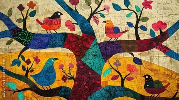 Fototapeta Abstract Collage of Birds and Flowers on a Tree Branch