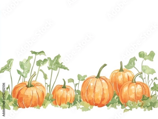 Fototapeta A clipart style watercolor illustration of a Pumpkin patch with various sizes of pumpkins, The background must be plain white to emphasize the illustration
