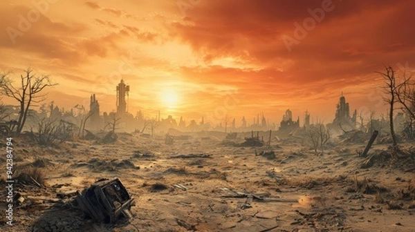 Fototapeta A post-apocalyptic wasteland featuring a ruined cityscape under a dramatic sunset, with barren trees and scattered debris in the desolate landscape.