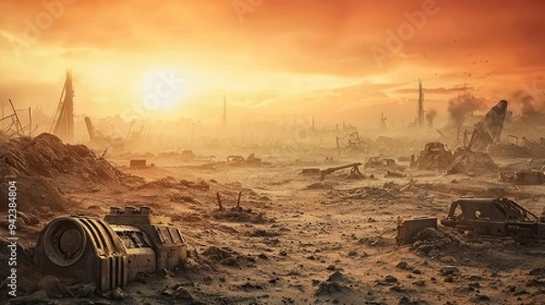 Fototapeta A post-apocalyptic desert wasteland at sunset, scattered with ruins, debris, and abandoned machinery, under a dramatic orange sky.