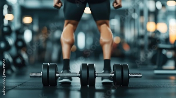 Fototapeta Close-up of a person preparing for a weightlifting workout, showcasing dumbbells on the gym floor, highlighting fitness and strength.