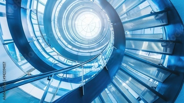 Fototapeta Spiral staircase inside a modern cylindrical building with glass floors