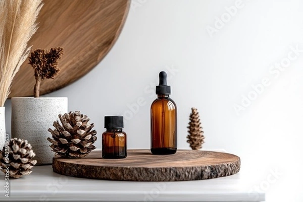 Fototapeta Minimalist organic lotion and serum brown glass bottles and decoration on table with white background with generative ai