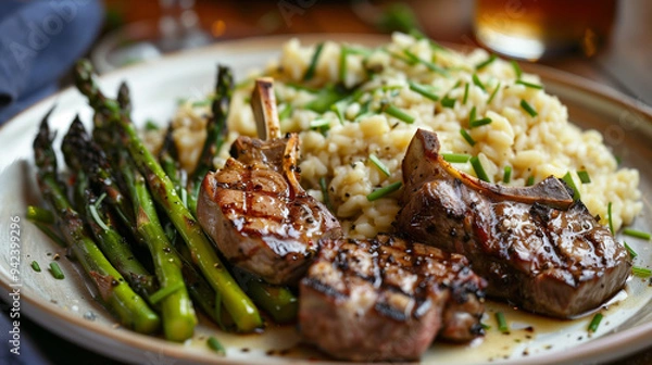 Fototapeta A plate of lamb chops and risotto with asparagus. The asparagus is tender and slightly charred