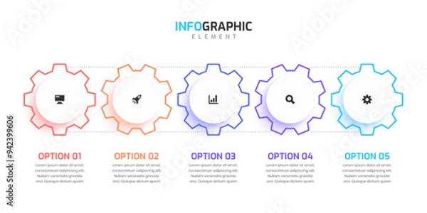 Fototapeta Business Infographic Gear with Thin Line Circle Label 5 Option and Icon for Presentation Chart